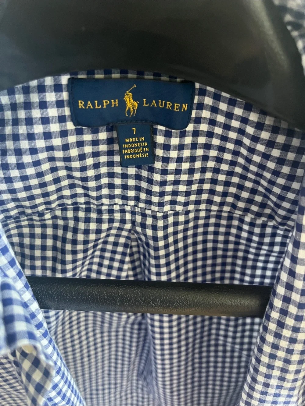 Ralph Lauren Navy and White Gingham Button-Down Shirt with Red Logo